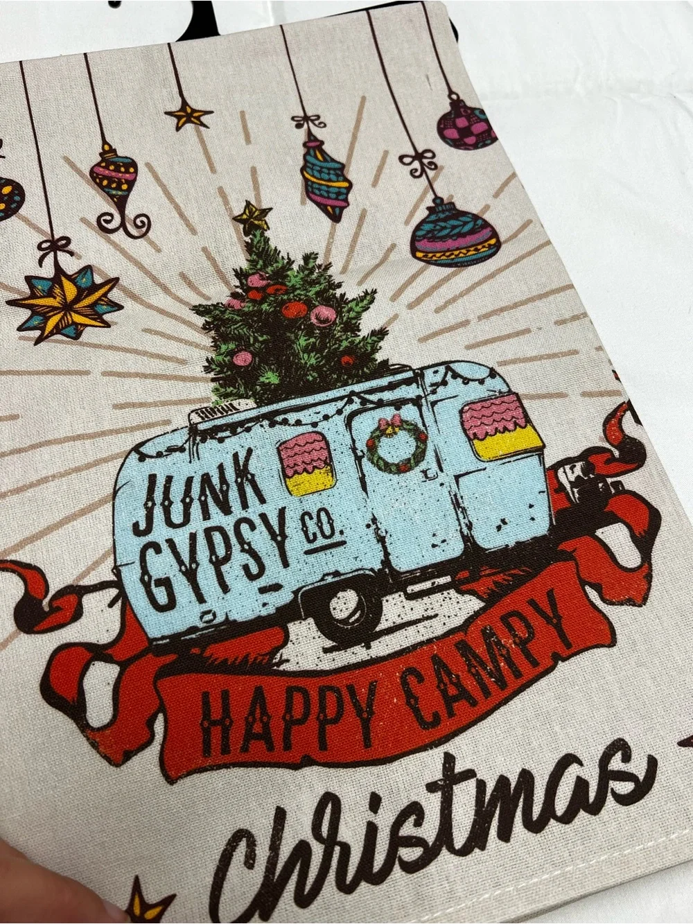 Junk Gypsy Co. Happy Campy Christmas Throw - Beige with Red & Light Blue Accents